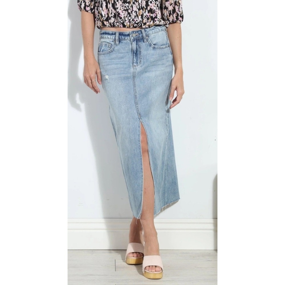 HIDDEN Peyton Denim Midi Skirt Light Wash Distressed Front Slit Raw Hem Size L